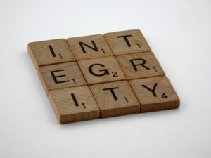 Scrabble blocks spelling out the word integrity
